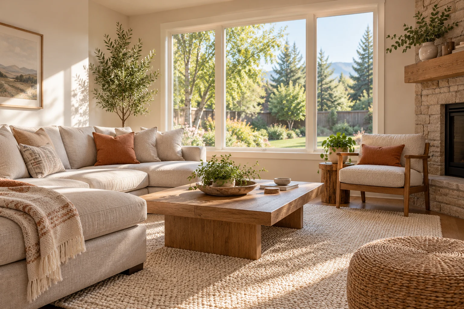 Illustrative comfortable sunlit living room