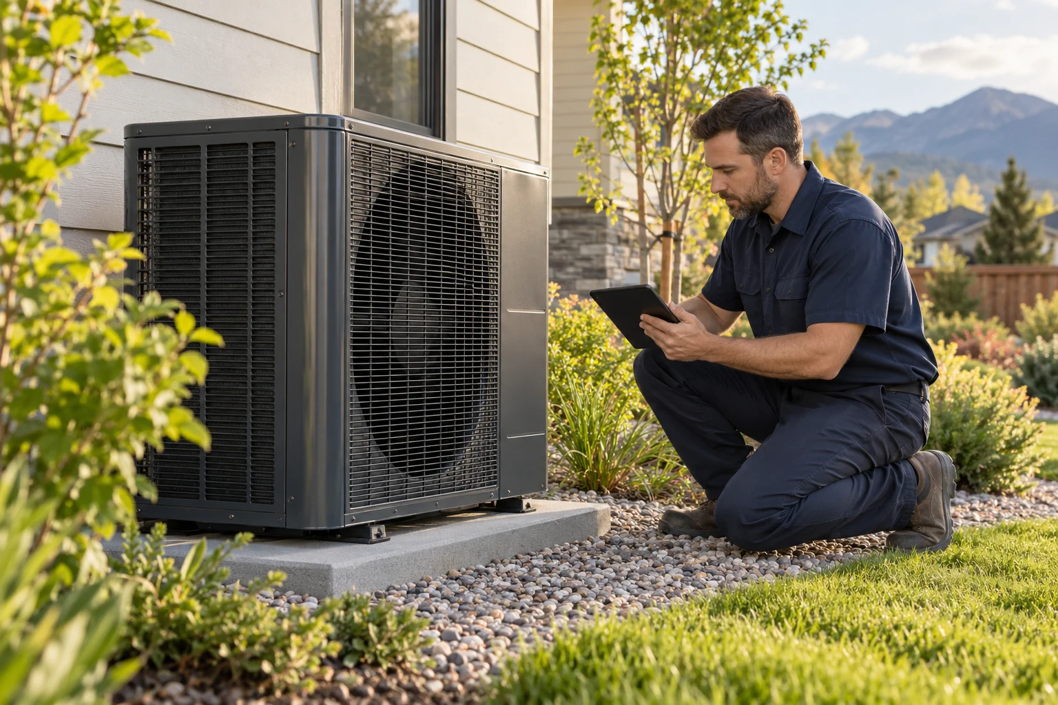 Illustrative technician inspecting a residential heat pump