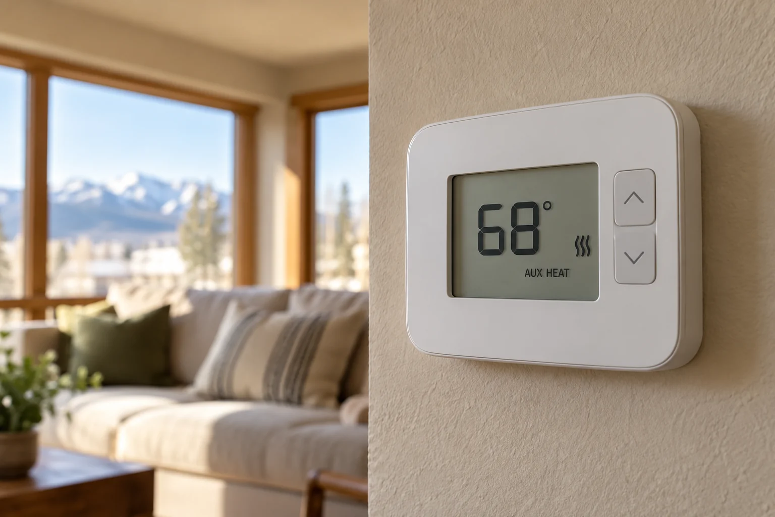 Illustrative thermostat displaying auxiliary heat